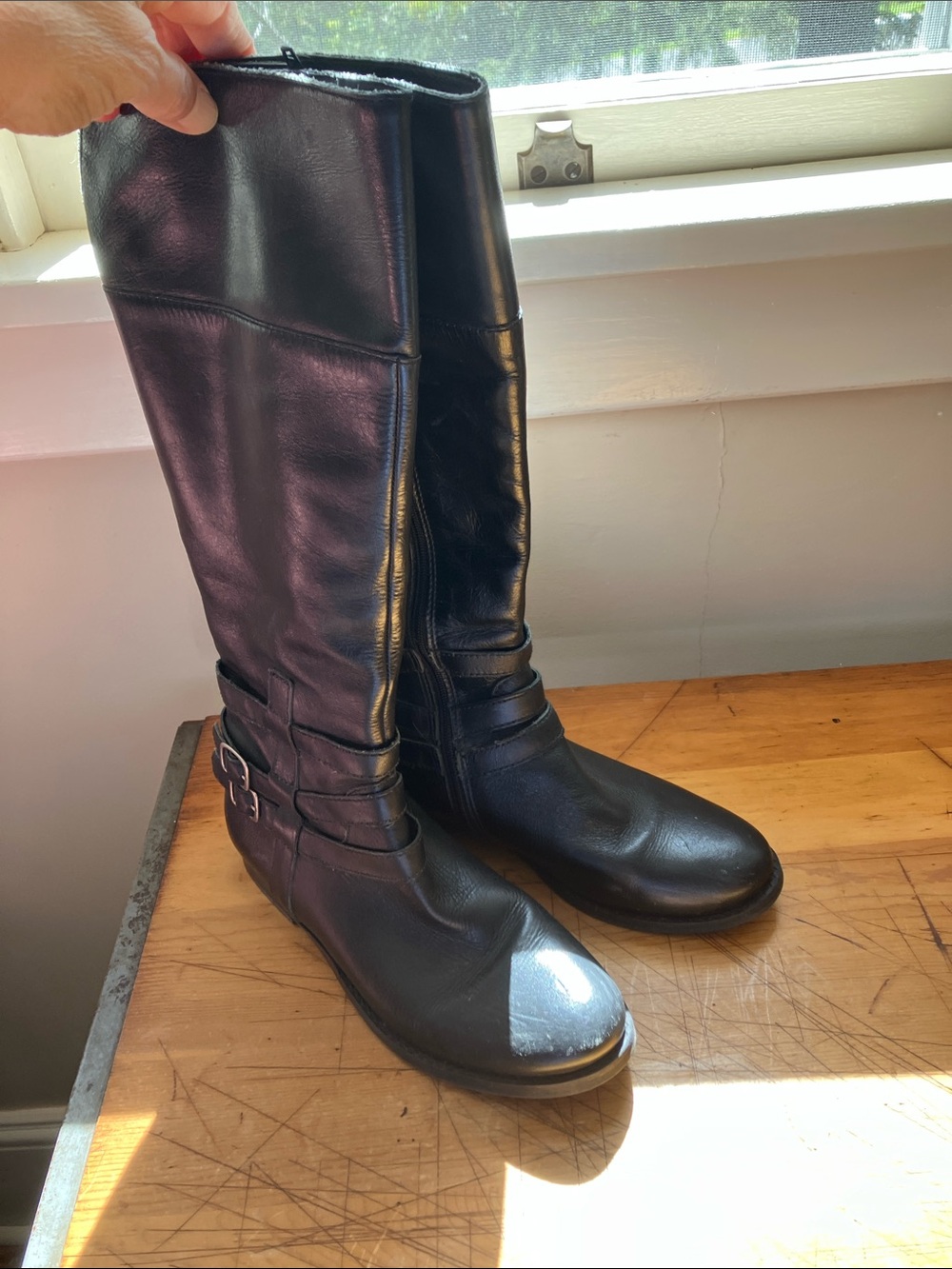 Matisse Black Leather Knee-High Buckle Boots